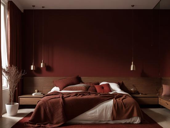 Red brown bedroom with bed