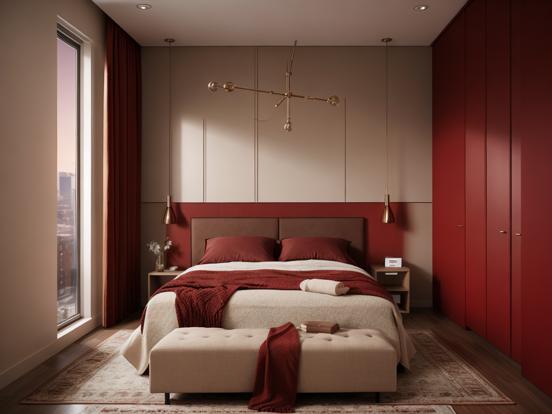 Red bed closeup CGI bedroom