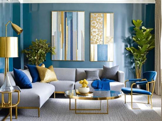 Blue gold living room closeup