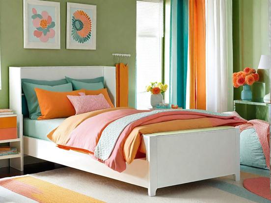 Teal orange bed closeup