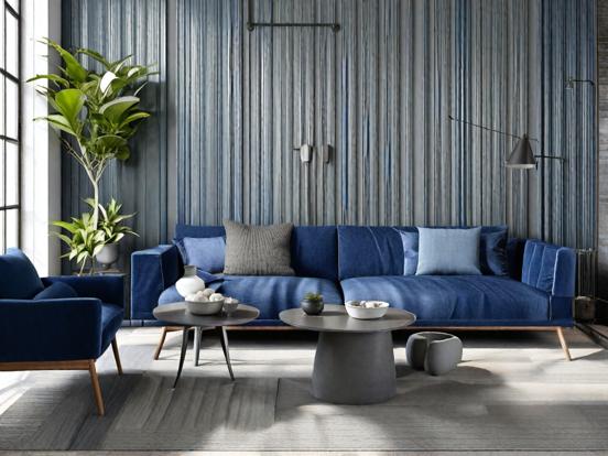 Blue couch chairs tin wall