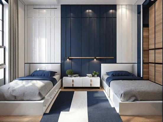 Two beds blue white room