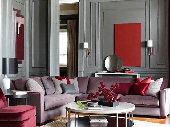 Red couch grey room maroon trim