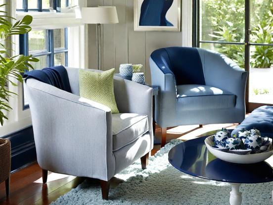 Blue chair white table living room