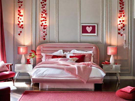 Pink bed and red chair room