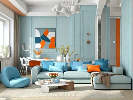 Bright teal orange living room