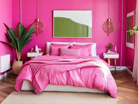 Pink bed closeup bright room