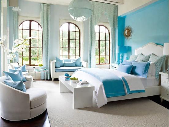 Sky blue white bedroom decor