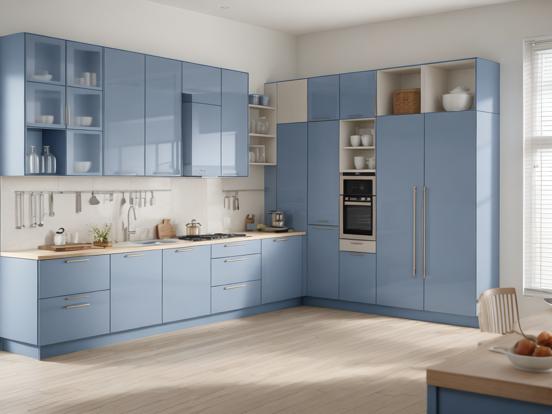 Blue kitchen wood floor cabinets