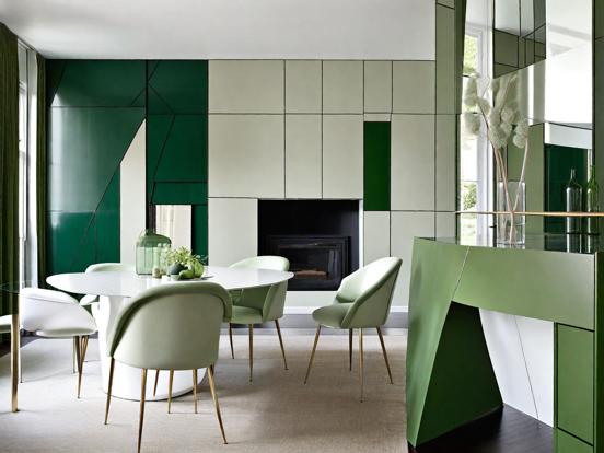 Green dining room white chairs