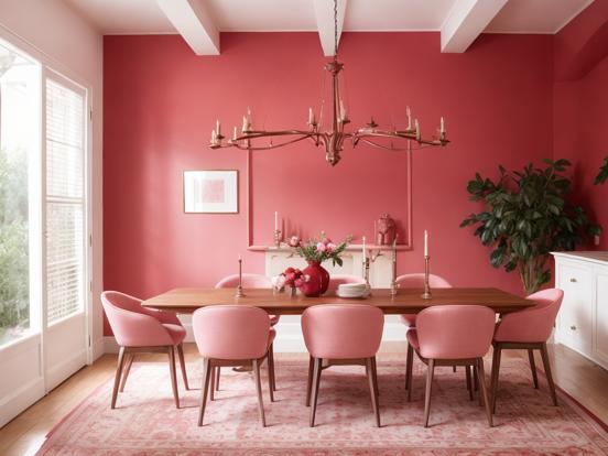 Warm pink maximalist dining room