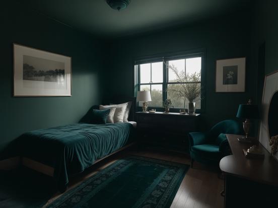 Dark teal eerie bedroom decor