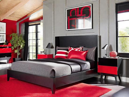 Red black bedroom with rug