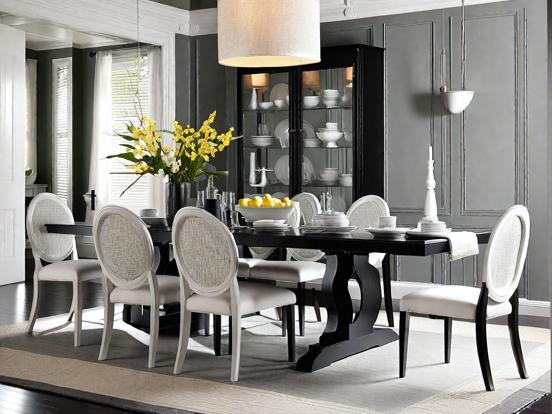 Dark dining table chairs vase