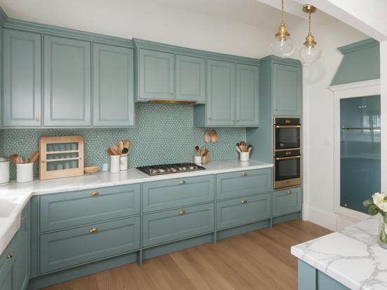 Kitchen marble top blue cabinets