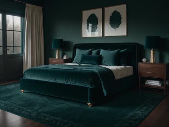 Closeup of dark green bedroom