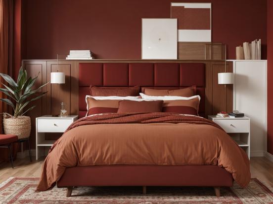 Red headboard brown blanket bed