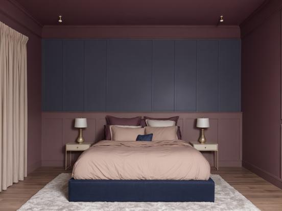 Bedroom with bed nightstand purple