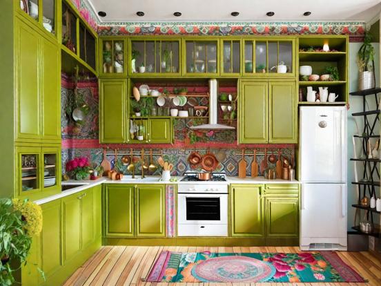 Vibrant green kitchen closeup