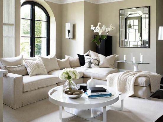 White couch beige pillows room