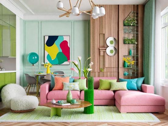 Bright pink couch green chairs