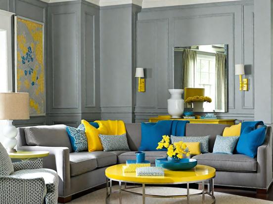 Bright blue yellow living room