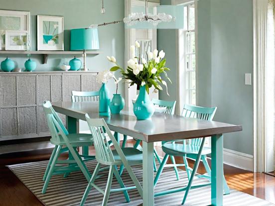 Teal table chairs vase decor