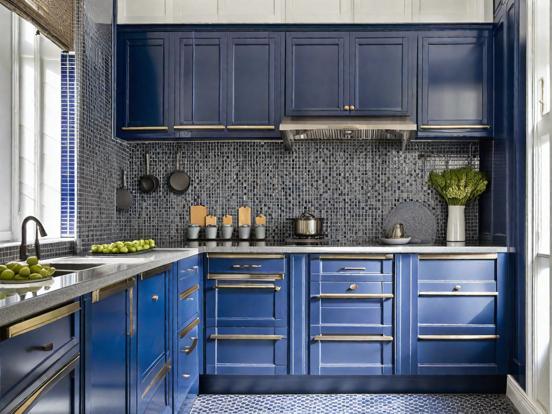 Blue kitchen cabinets closeup