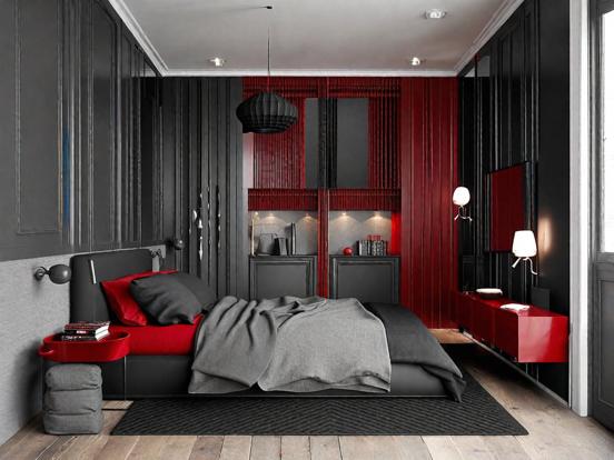 Closeup of red black bed