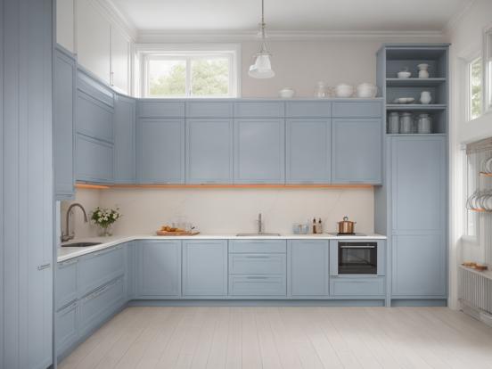 Luxury blue grey kitchen closeup