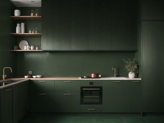 Green kitchen closeup with stove