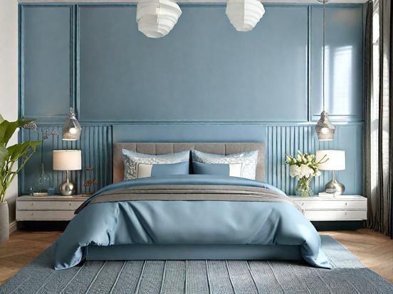 Closeup of serene blue bedroom