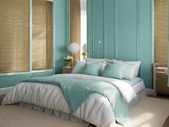 Teal bedroom bed blue wall rug