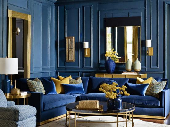 Bright blue gold living room