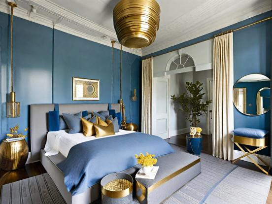 Blue bed gold lamp bright room