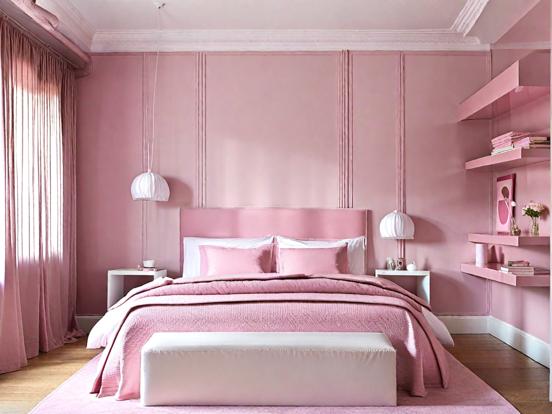 Pink bedroom with white bench