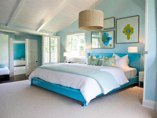 Teal blue bedroom white rug