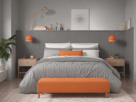 Gray orange bed closeup cozy room