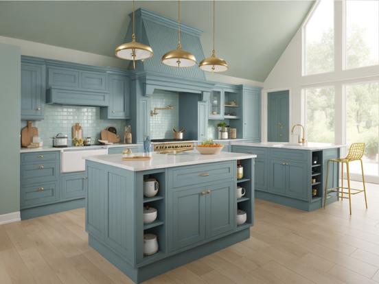 Blue kitchen white top accents