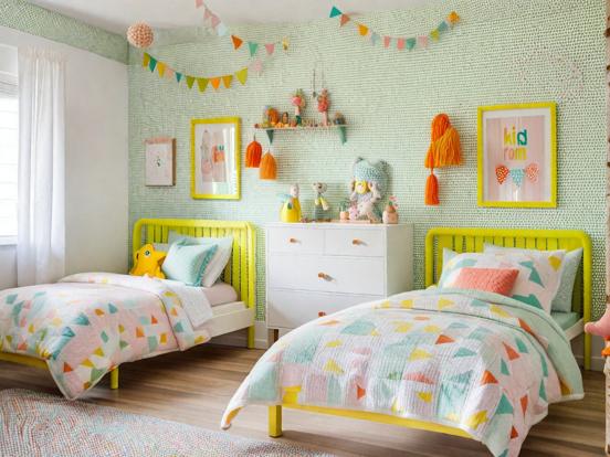 Twin beds in bright kids room