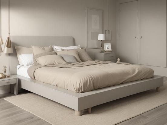 Beige bed with pillows in room