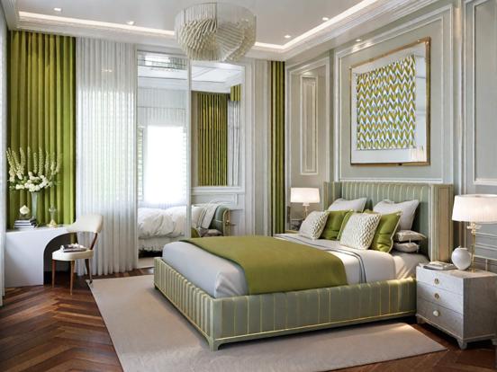 Green art deco bedroom setup