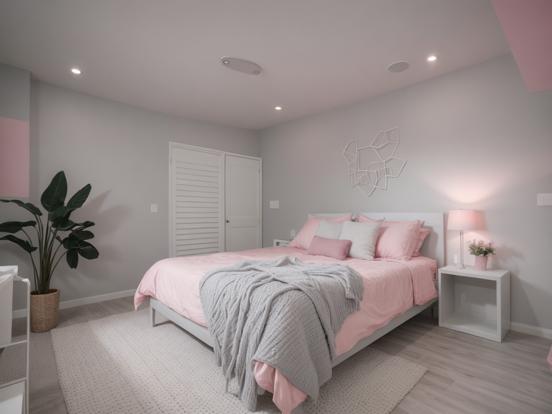 Girly pink bedroom with plant