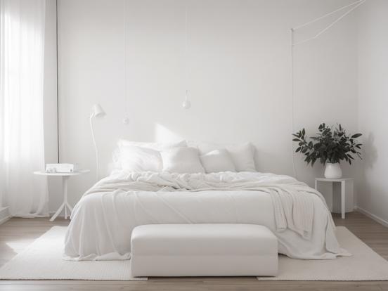 White bedroom bed bench plant