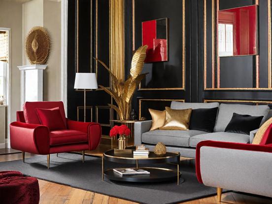 black gold and red living room