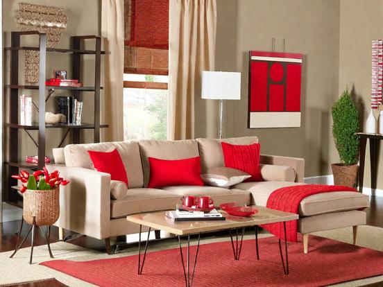 Red beige living room decor