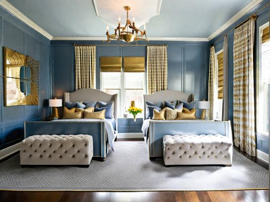 Blue bedroom white bed accents