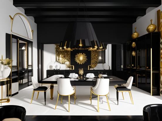 Closeup dining room black gold