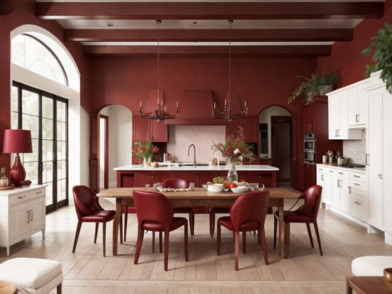 Red kitchen dining area setup