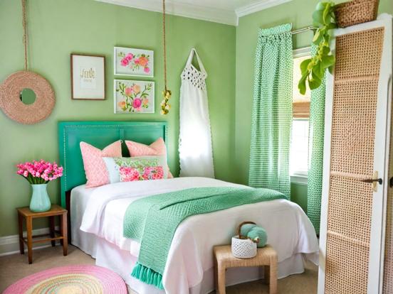 Green headboard pink rug room